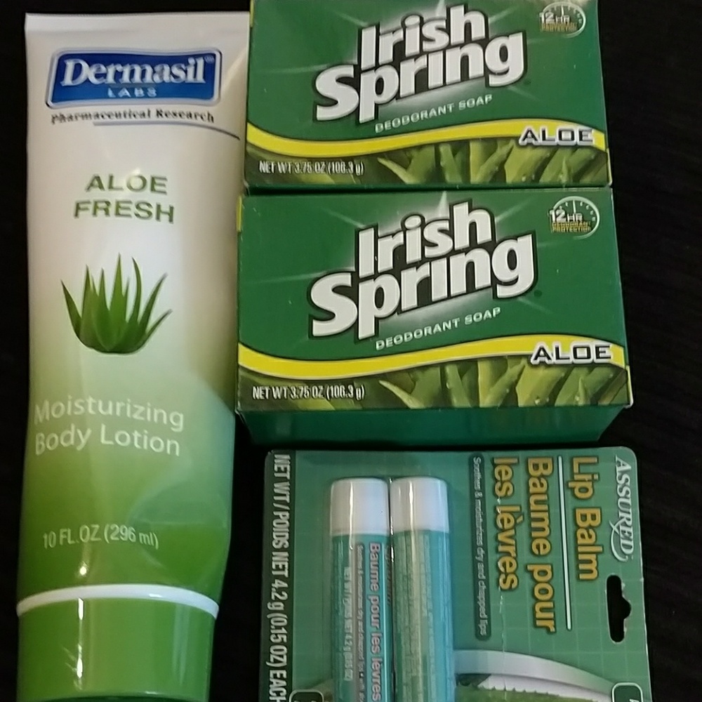 Aloe vera lotion lip balm and Irish Spring soap
